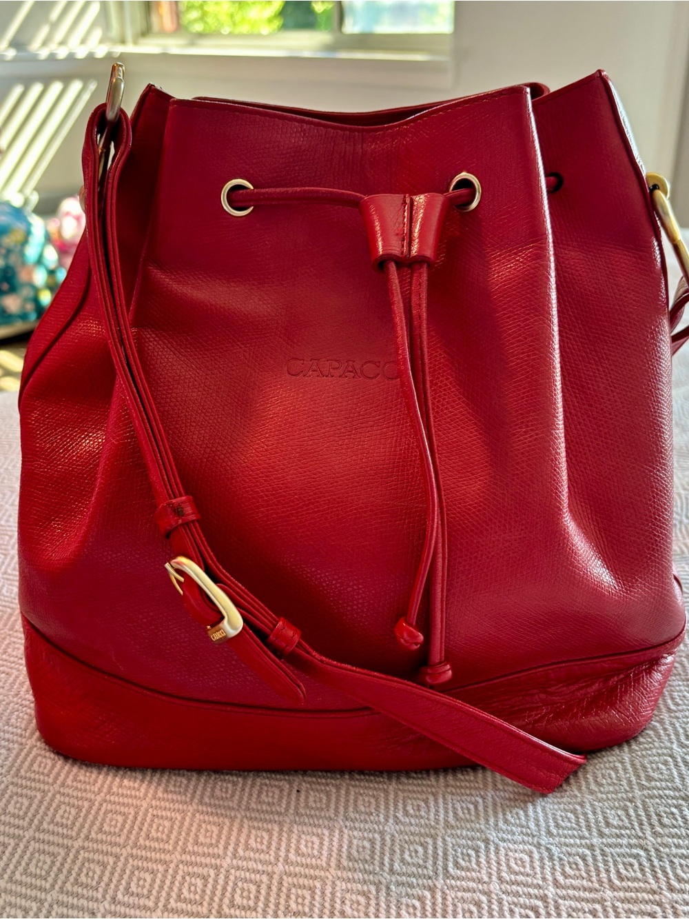 Red Leather Drawstring Shoulder Bucket Bag by